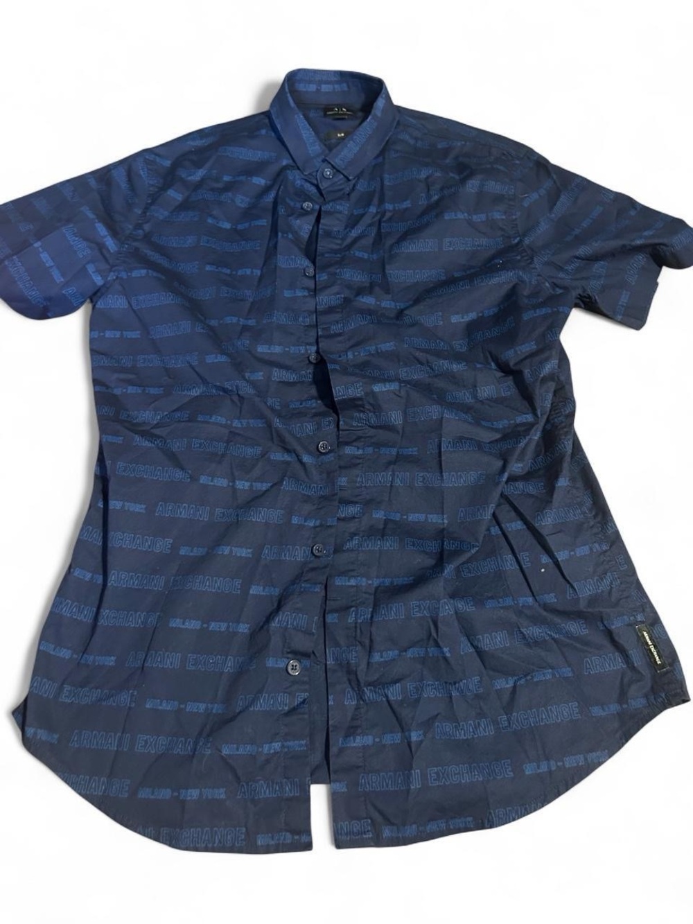 Armani Exchange Navy Blue Logo-Stripe Short Sleeve Button-Down Shirt